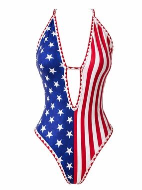 American Flag One-Piece Swimsuit | SIZE SMALL | Plunge High-Cut Statement Suit